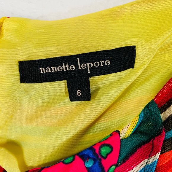 Nanette Lepore Linen Dress Size 8 Vibrant Stripes Beaded Neck Ruffle Accent - Picture 9 of 15